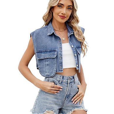 Women's Denim Vest Cropped Sleeveless Button Front Cargo Pocket Vest