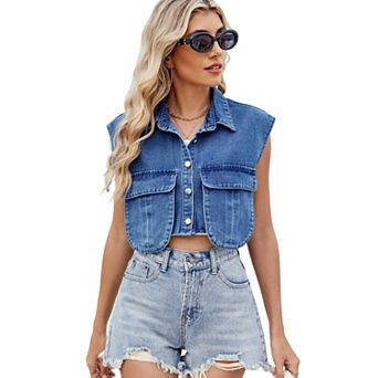 Women's Denim Vest Cropped Sleeveless Button Front Cargo Pocket Vest