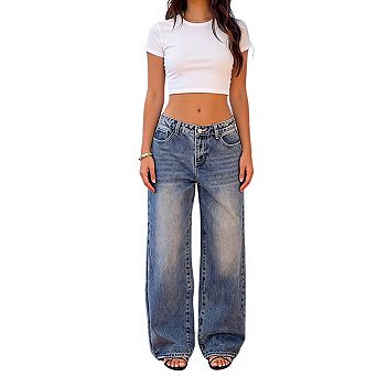 Women's Wide Leg High Waist Casual Denim Jeans Pants with Heart Shaped Back Pocket