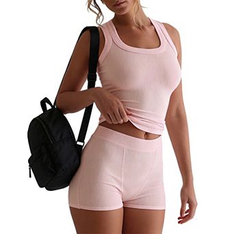 Women's Ribbed Racerback Tank & Shorts Set, Soft Two-Piece Workout Loungewear