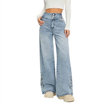 Women's High-Waisted Wide-Leg Jeans, Button-Slit Hem Detail Denim Trousers