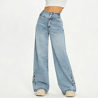 Women's High-Waisted Wide-Leg Jeans, Button-Slit Hem Detail Denim Trousers