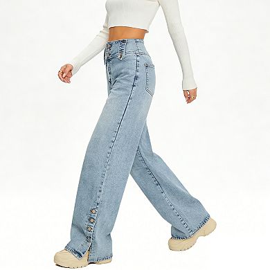 Women's High-Waisted Wide-Leg Jeans, Button-Slit Hem Detail Denim Trousers