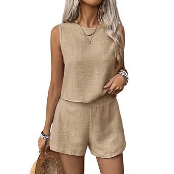 Women's 2 pc Outfits Sleeveless Crewneck Tank Top and Shorts Going Out Set