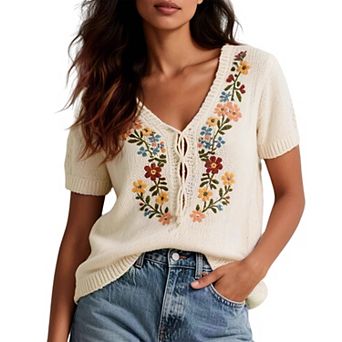 Women's Boho Floral Embroidered Knit Top, V-Neck Tie-Front Short-Sleeve Blouse
