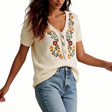 Women's Boho Floral Embroidered Knit Top, V-Neck Tie-Front Short-Sleeve Blouse