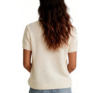 Women's Boho Floral Embroidered Knit Top, V-Neck Tie-Front Short-Sleeve Blouse