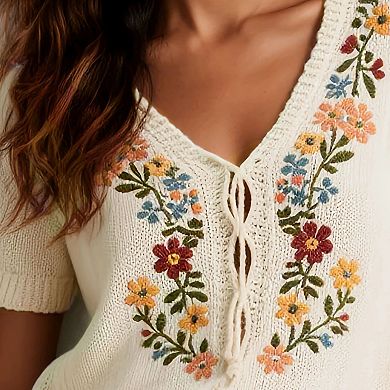 Women's Boho Floral Embroidered Knit Top, V-Neck Tie-Front Short-Sleeve Blouse