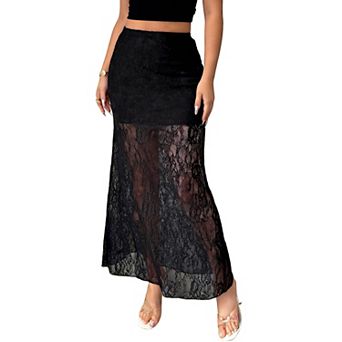 Women's Black Lace Maxi Skirt, High Waist Sheer Mermaid Hem Party Skirt