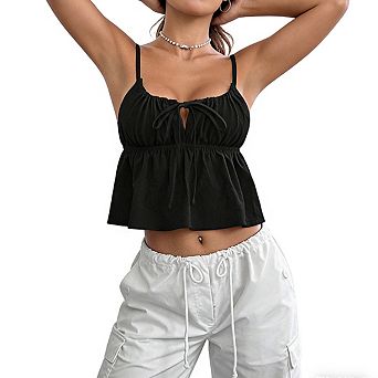 Women's Crop Top Square Neck Spaghetti Strap Tie Front Peplum Hem Open Back Blouse