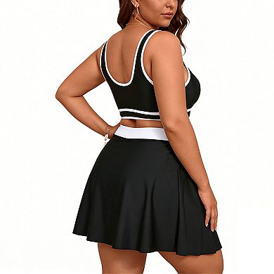 Women's Plus Size Two-Piece Swim Dress Set, Contrast Trim Crop Top with Skort Bottom