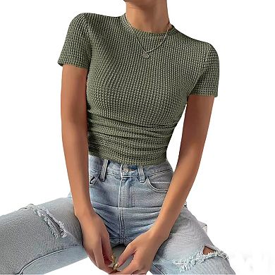 Women's Waffle Knit Short Sleeve Summer Shirt Crew Neck Slim Fitted Versatile Top Casual Blouse