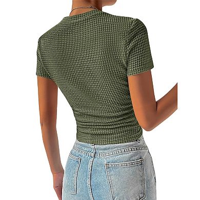 Women's Waffle Knit Short Sleeve Summer Shirt Crew Neck Slim Fitted Versatile Top Casual Blouse