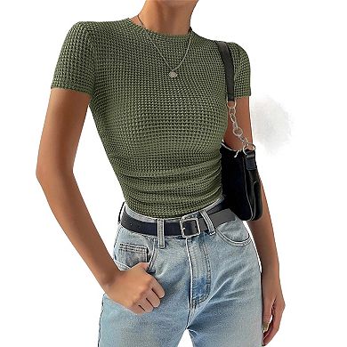 Women's Waffle Knit Short Sleeve Summer Shirt Crew Neck Slim Fitted Versatile Top Casual Blouse