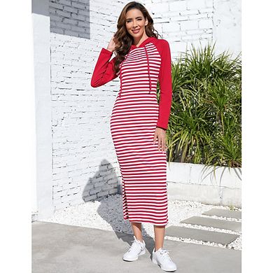 Women's Casual Long Sleeve Side Slit Pullover Maxi Hoodie Dress Slim Sweatshirt Long Dresses