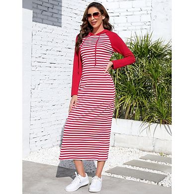 Women's Casual Long Sleeve Side Slit Pullover Maxi Hoodie Dress Slim Sweatshirt Long Dresses