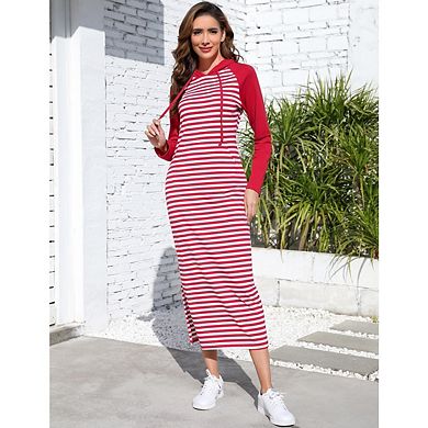 Women's Casual Long Sleeve Side Slit Pullover Maxi Hoodie Dress Slim Sweatshirt Long Dresses