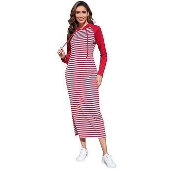 Women's Casual Long Sleeve Side Slit Pullover Maxi Hoodie Dress Slim Sweatshirt Long Dresses