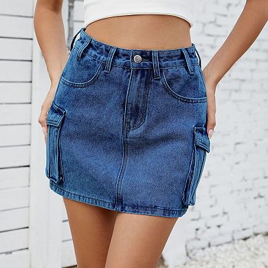 Women's Denim Mini Skirt High Waist Cargo Style with Flap Pockets