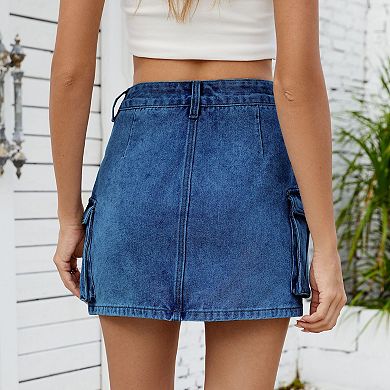 Women's Denim Mini Skirt High Waist Cargo Style with Flap Pockets