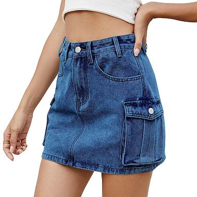 Women's Denim Mini Skirt High Waist Cargo Style with Flap Pockets
