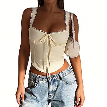 Women's Sleeveless Sweetheart Neck Lace Summer Casual Crop Top