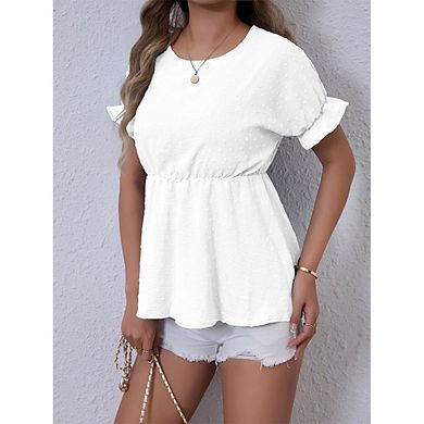 Women's Casual Dot Shirt Top Crew Neck Short Sleeve Peplum Blouse
