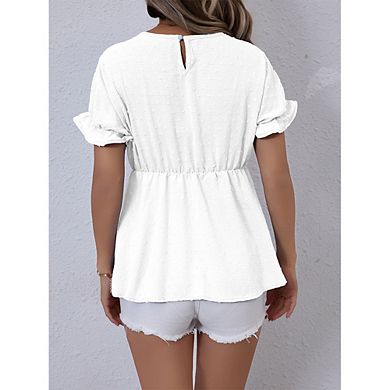 Women's Casual Dot Shirt Top Crew Neck Short Sleeve Peplum Blouse