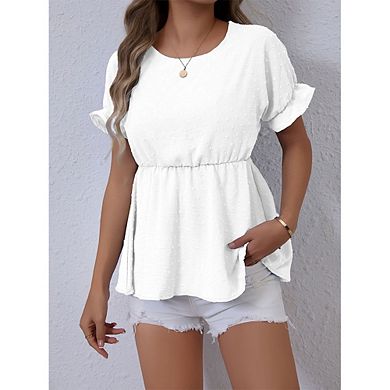 Women's Casual Dot Shirt Top Crew Neck Short Sleeve Peplum Blouse