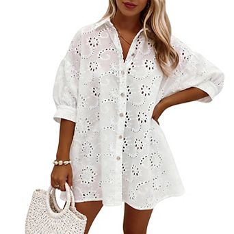 Women's Eyelet Embroidery Cover Up Shirt, 3/4 Puff Sleeve Button Down Beach Tunic Swimsuit Coverup