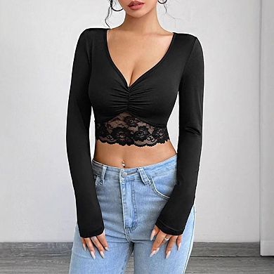 Women's V Neck Long Sleeve Twist Front Lace Trim Crop Top