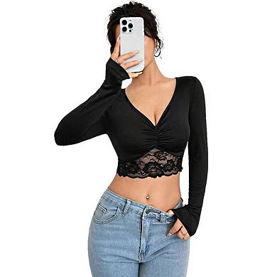Women's V Neck Long Sleeve Twist Front Lace Trim Crop Top