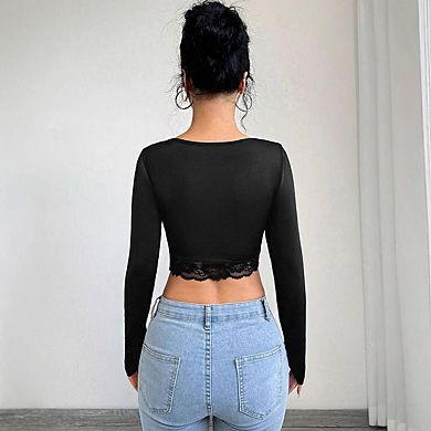Women's V Neck Long Sleeve Twist Front Lace Trim Crop Top