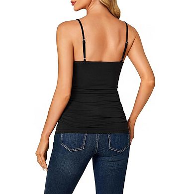 Women's V Neck Lace Trim Adjustable Spaghetti Strap Stretchy Slim Fit Camisole Top