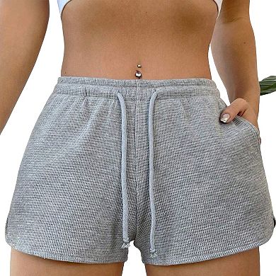 Women's Waffle Knit Elastic Drawstring High Waisted Summer Casual Soft Activewear Shorts With Pocket