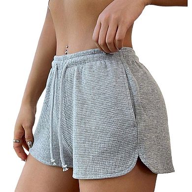 Women's Waffle Knit Elastic Drawstring High Waisted Summer Casual Soft Activewear Shorts With Pocket