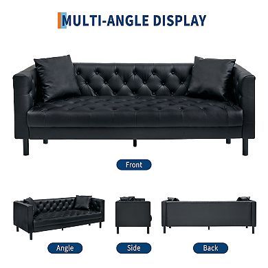 81 Inch Chesterfield 3-Seater Sofa - PU Leather Handmade Button Tufted with Wooden Frame for Office