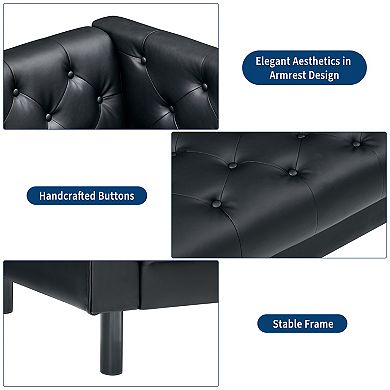 81 Inch Chesterfield 3-Seater Sofa - PU Leather Handmade Button Tufted with Wooden Frame for Office