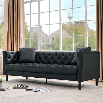 81 Inch Chesterfield 3-Seater Sofa - PU Leather Handmade Button Tufted with Wooden Frame for Office