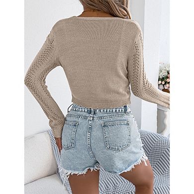 Women's Open Front Knit Top Tie Cardigan Cropped Long Sleeve Top