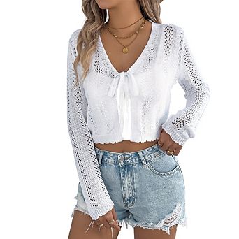 Women's Open Front Knit Top Tie Cardigan Cropped Long Sleeve Top