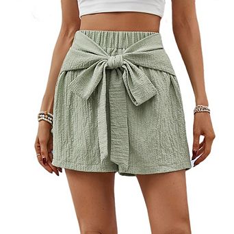 Womens Casual Shorts High Waist Elastic Waist Tie Front Texture Shorts Loose Fit for Daily Vacation