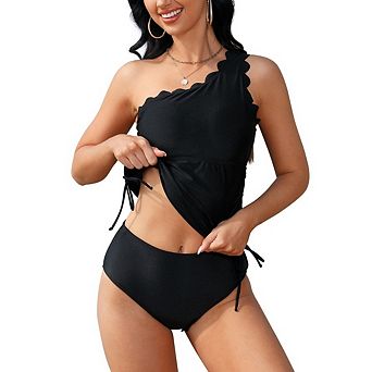Women's Two Piece Swimsuits Set Tummy Control Bathing Suit One Shoulder Swimwear with Bikini Bottom