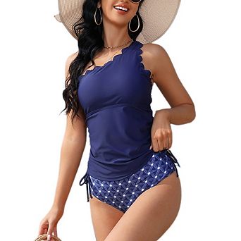 Women's Two Piece Swimsuits Set Tummy Control Bathing Suit One Shoulder Swimwear with Bikini Bottom