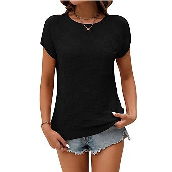 Womens Casual Knit Top Lightweight Crew Neck Short Sleeve Loose Fit Summer Blouse with Pocket