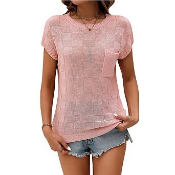 Womens Casual Knit Top Lightweight Crew Neck Short Sleeve Loose Fit Summer Blouse with Pocket