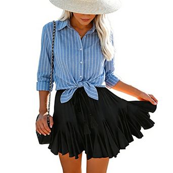 Women's Ruffle Tiered Mini Skirt, Elastic High Waist Drawstring Flowy Summer Skirt