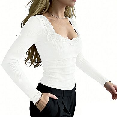 Women's Lace Trim Square Neck Top, Ribbed Knit Long Sleeve Backless Slim Fit Summer Blouse