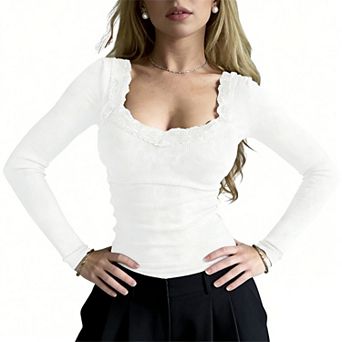 Women's Lace Trim Square Neck Top, Ribbed Knit Long Sleeve Backless Slim Fit Summer Blouse