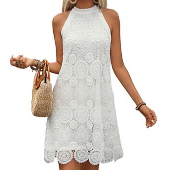 Women's Halter Neck Lace Mini Dress, Tie Back Sleeveless A-Line Dress with Scalloped Hem for Summer